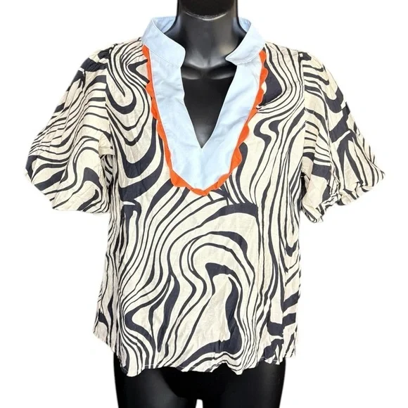 THML women’s geometric Juliet sleeves black cream v neck blue and orange trim - Picture 6 of 7